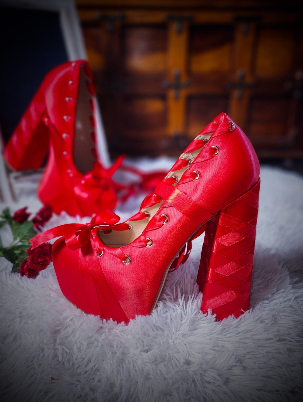 Onlymaker Heels - Platform Ribbon Pumps - Red - Ribbon Lace-Up Size 7